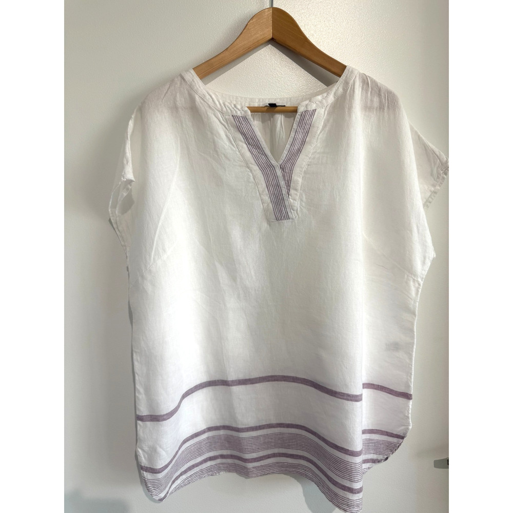 TALBOTS Top Size XLP 100% Linen White Burgundy Mauve Border Stripe V-Neck Womens